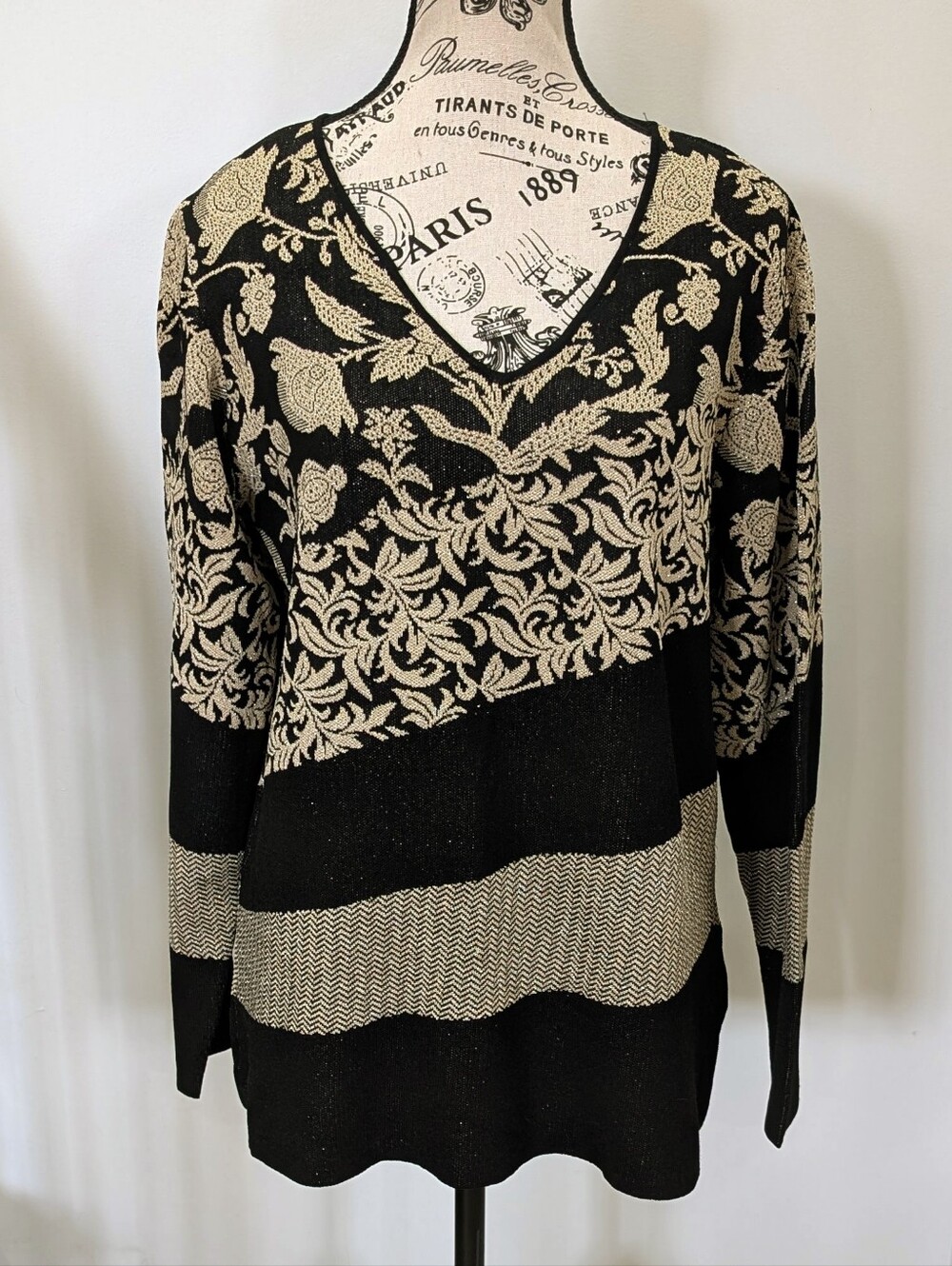 NYGARD COLLECTION | Women's Black/Gold Shimmer  Floral Long Sleeve Knit …